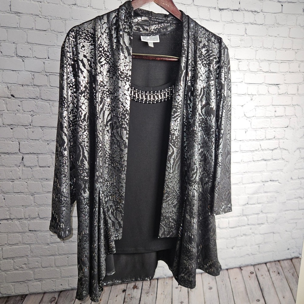JM Collection Womens Large Black Silver Metallic Animal Print Cardigan Tank Set